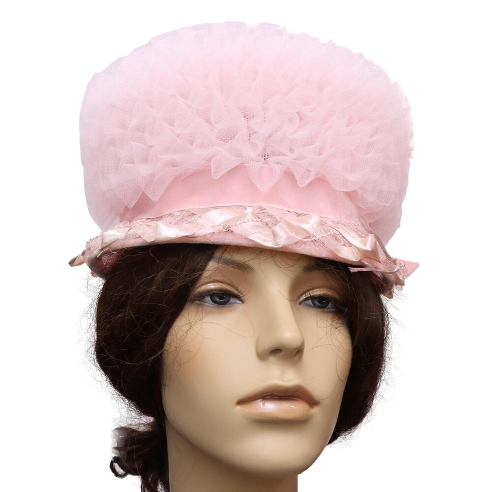 Vintage 1960s Pink Ruffled Net Pillbox Hat Paris Boutique Union Made